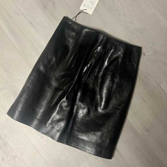 Theory Leather Wax Mini Skirt in Black. - Picture 5 of 7